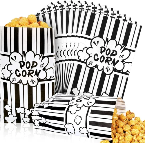 Whaline 200 bolsas de papel para palomitas de maíz de noche de película, 2 onzas, rayas blancas y negras, contenedor de palomitas de maíz de fondo