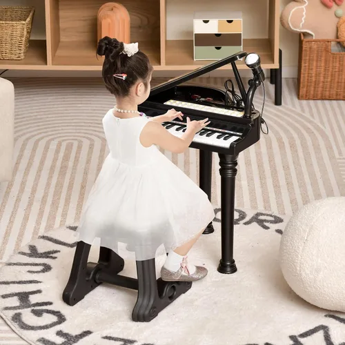 Miniatura 7 de Costzon Piano para niños, mini teclado de juguete de piano de cola de 31 teclas con micrófono, taburete y luces, piano electrónico portátil, juguete