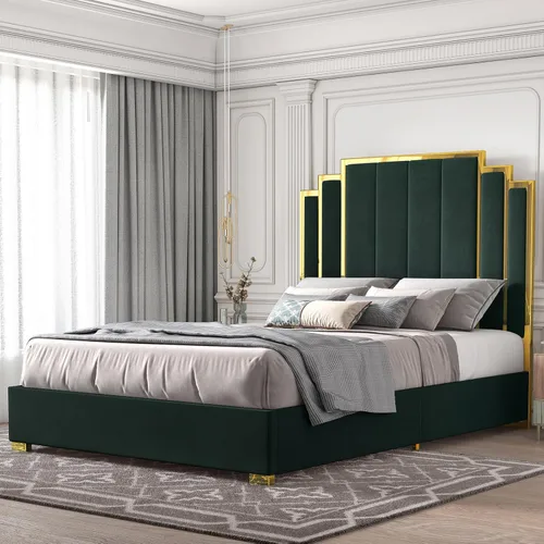 Miniatura 11 de HOWE Base de cama tamaño Queen y cabecera de 61 pulgadas, cama tapizada con borde chapado en oro, cama de plataforma moderna, no necesita somier