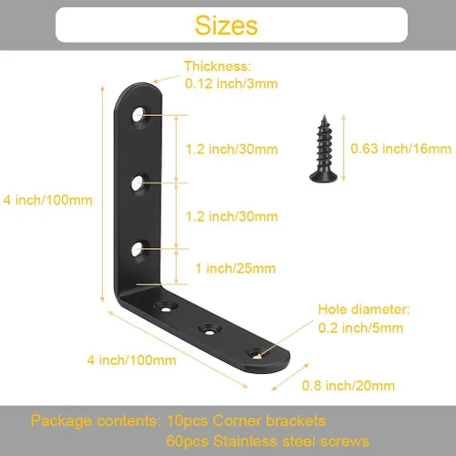 Miniatura 2 de 10 Abrazaderas de Esquina en L Negras de 4 Pulgadas de Acero Inoxidable Resistente, Soporte de Estante para Madera, Estantes, Soporte para Colgar
