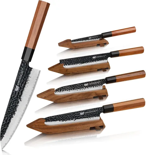 Juego de cuchillos de chef FINDKING y protectores de borde, cuchillos de cocina de acero de alto carbono, porta cuchillos de nogal, para cocina del