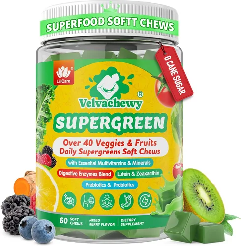 Greens - Gomitas multivitamínicas para adolescentes y adultos exigentes, con más de 40 frutas y verduras, luteína, enzimas y fibra, masticables