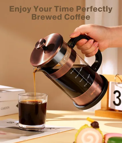 Miniatura 7 de Prensa francesa para café - Cafetera de acero inoxidable clásico de 34 onzas con sistema de filtración de 4 niveles, vidrio de borosilicato Cobre