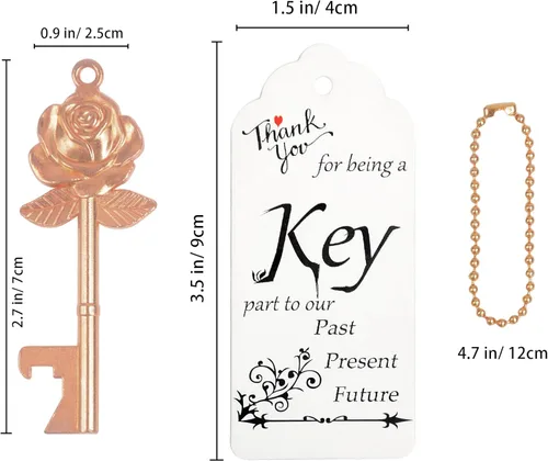 Miniatura 2 de Aokbean 100 llaves en forma de flor de rosa, regalos de boda, regalo para invitados, abridor de botellas con tarjeta y cadena para decoración Oro