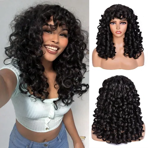 Miniatura 13 de ANNISOUL Pelucas rizadas marrones para mujeres negras, peluca afro larga con flequillo para mujeres, fibra sintética sin pegamento, pelo voluminoso