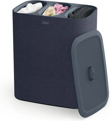 Joseph Joseph Tota Trio - Cesto separador para ropa sucia de 90 litros/23.8 galones con tapa, 3 bolsas de lavado extraíbles con asas - Negro Azul