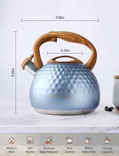 Miniatura 5 de BELANKO - Tetera de acero inoxidable de 2.7 cuartos de galón para estufa, de grado alimenticio con mango de patrón de madera, con silbido fuerte