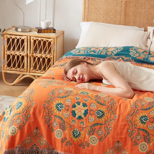 Miniatura 8 de Cobija para cama de estilo bohemio, 100 % algodón, ultra suave, edredón rústico, cobija de otoño, estampado floral, cobija grande rústica para sofá