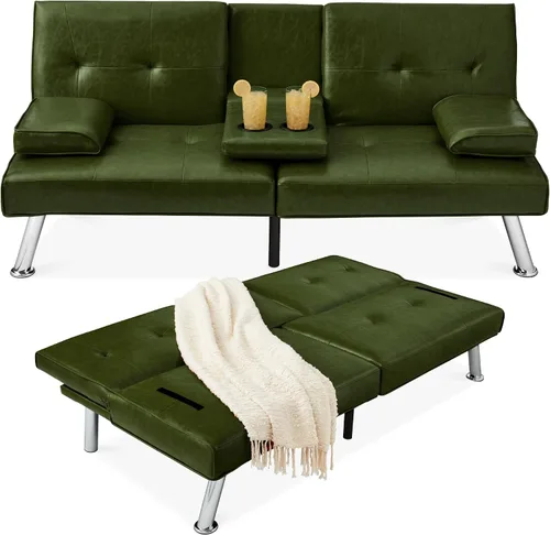 Miniatura 13 de Futón sofá cama para entretenimiento Best Choice Products, moderno, se dobla y reclina, muebles, con posavasos Negro