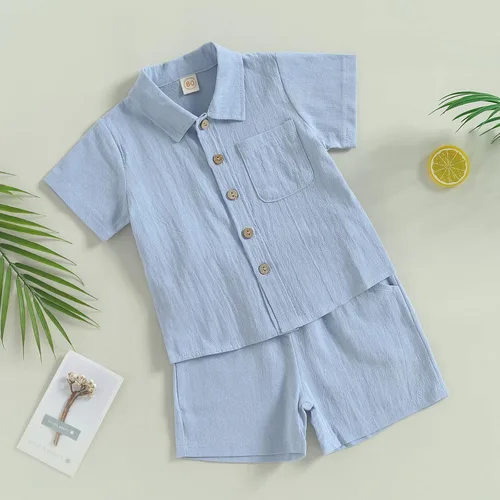 Miniatura 2 de DNOMAID YZARC Conjunto de 2 piezas de ropa de verano para bebé niño y niña, algodón sólido, lino, manga corta, con botones, pantalones cortos