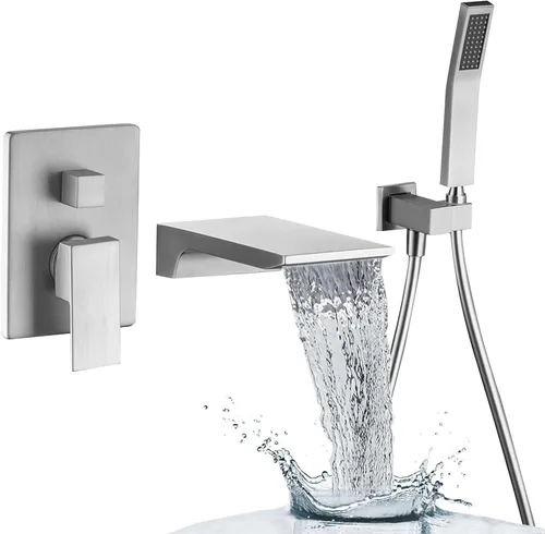 Grifo de llenado de bañera de montaje en pared con boquilla de cascada, grifo de bañera de cascada con ducha de mano, grifo moderno de llenado de
