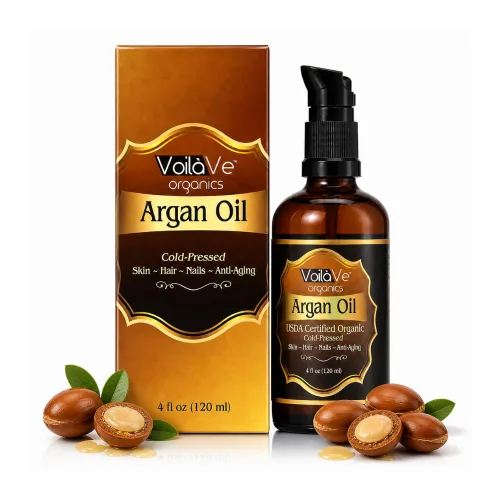 Aceite de argán virgen orgánico Voilave USDA, 4 onzas líquidas Certificado orgánico USDA y ECOCERT, prensado en frío, botella con dispensador de