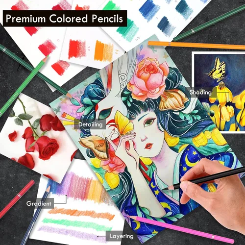 Miniatura 3 de KALOUR Juego de 180 lápices de colores para adultos y artistas - Núcleo blando de pigmento rico - 12 lápices metálicos - Ideal para colorear