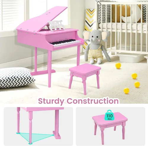 Miniatura 7 de Costzon Piano clásico para niños, piano de cola de madera de 30 teclas con soporte de música y banco, mini juguete musical para niños, ideal