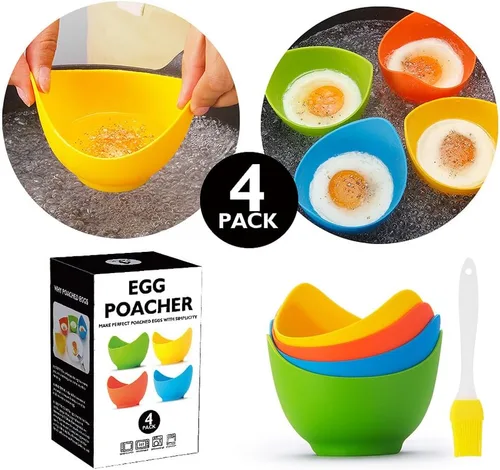 Miniatura 2 de Mikim Vasos de silicona para escalfar huevos con soportes de anillo, taza antiadherente para cocinar con freidora de aire en la estufa, sin BPA