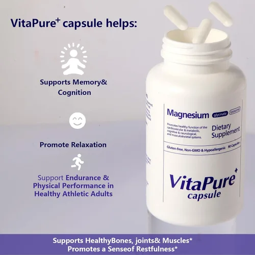 Miniatura 3 de Vitapure+ Cápsulas de magnesio (glicinato, liposomal) - Suplemento para apoyar el alivio del estrés, el sueño, la salud cardíaca, los nervios