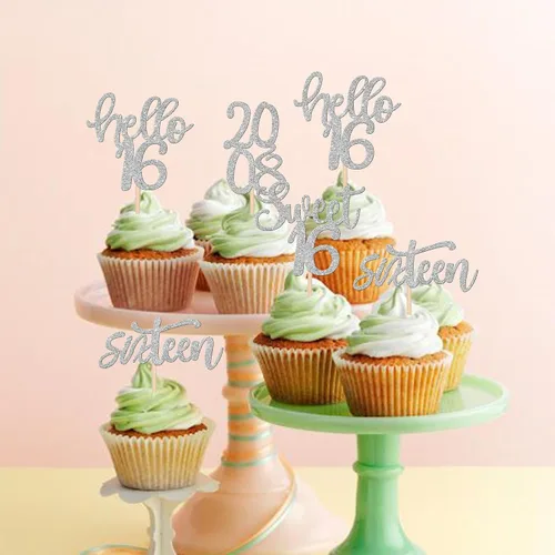 Miniatura 5 de 24 piezas de decoraciones para cupcakes de 16 cumpleaños con purpurina, ¡Hola 16! Dulces 16 desde 2008, púas para cupcakes de 16 años para celebrar