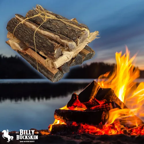 Miniatura 8 de Billy Buckskin 1 Click Fire - Paquete de leña de 19 libras – Enebro, piñón y mezquite y palitos de astillas resinosas - Troncos de leña partida