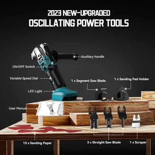 Miniatura 5 de Herramienta oscilante inalámbrica compatible con batería Makita, herramienta de motor sin escobillas de 21000 OPM máx con mango auxiliar, Azul