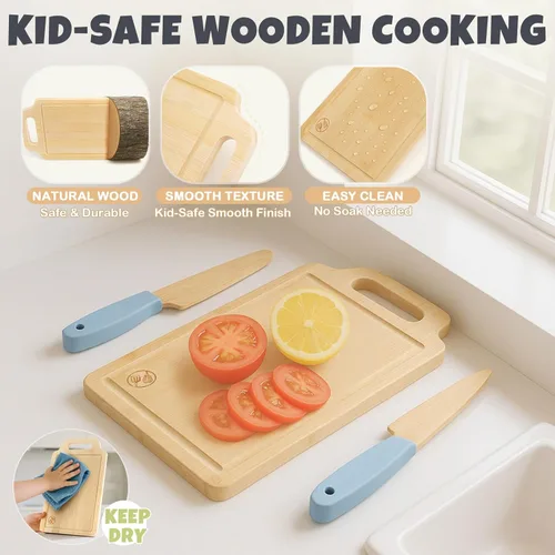 Miniatura 5 de Juego de Cocina de Madera para Niños de 29 Piezas, Herramientas de Cocina y Hornear Montessori para Niños Pequeños para Cocina Real, 3 Cuchillos