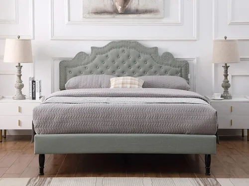 Miniatura 12 de Base de cama de plataforma tapizada tamaño Queen con cabecero ajustable de 47 pulgadas de alto, cama de lino copetuda con botones, soporte de Beige