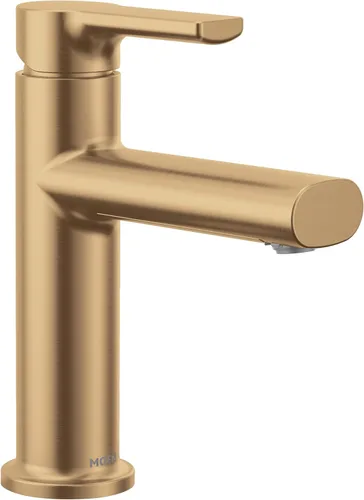 Moen Meena Oro Bronceado - Grifo de fregadero de baño moderno de un solo agujero con una manija, placa de cubierta opcional y montaje de desagüe,