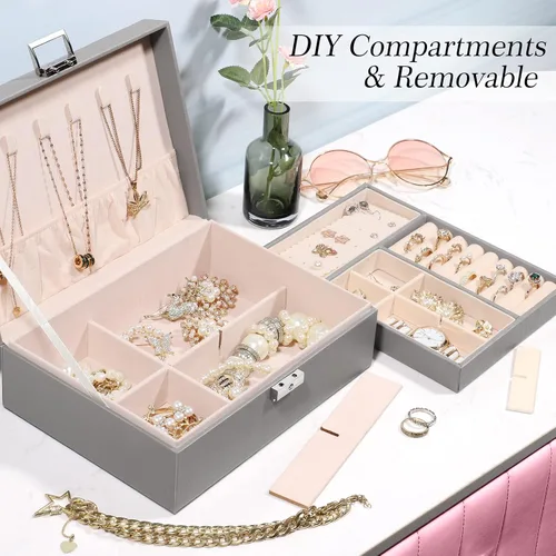 Miniatura 3 de Allinside Joyero organizador para mujeres y adolescentes y niñas, 2 capas de piel sintética con cerradura, forro de terciopelo, elección, gris