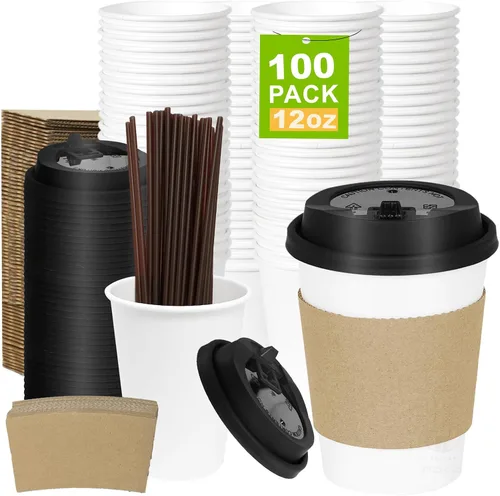 Miniatura 18 de Paquete de 100 tazas de café desechables de pared ondulada corrugada de 16 onzas con tapas y pajitas, tazas aisladas resistentes para bebidas