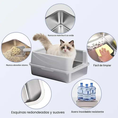 Miniatura 3 de Henkelion Caja de arena para gatos de acero inoxidable con tapa, caja de arena extra grande para gatos grandes con lados altos, antiadherente