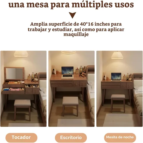 Miniatura 4 de KungFuWood Escritorio de tocador de maquillaje con 3 modos de iluminación, escritorio de tocador de madera maciza con espejo, mesa de tocador con 4
