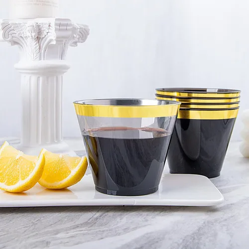 Miniatura 4 de Superrnal 100 piezas Vasos de Plástico Dorados y Negros 9OZ Elegantes Vasos Transparentes con Borde Dorado para Fiestas Vasos Desechables Elegantes