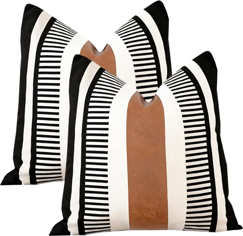 Miniatura 39 de Funda de almohada bohemia de color blanco y negro con piel, funda de cojín moderna de 22 x 22 pulgadas, funda de almohada de rayas estilo campestre