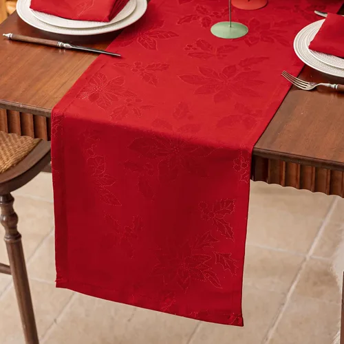 Miniatura 15 de Joyfol Day Caminos de Mesa de Navidad, Impermeable Jacquard Verde Flor de Pascua Camino de Mesa para Navidad Vacaciones Invierno Festival Cocina
