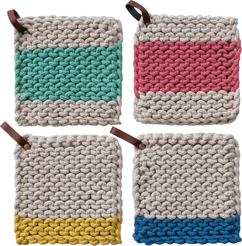 Miniatura 5 de Creative Co-Op Juego de 4 agarraderas de algodón con lazo de cuero, multicolor