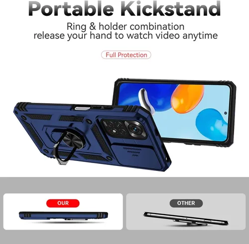 Miniatura 4 de Funda para Redmi Note 11 (4G)/Redmi Note 11S 2201117TY con protector de pantalla de vidrio templado y cubierta de cámara deslizante, anillo Azul