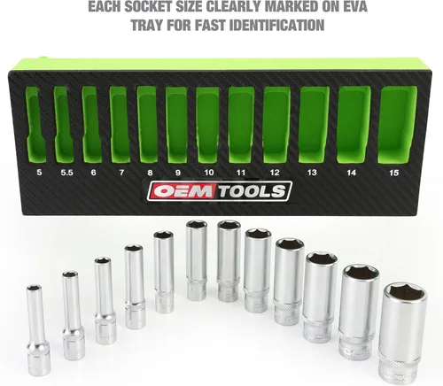 Miniatura 2 de OEMTOOLS 23986 Juego de 12 llaves de 1/4 unidad de profundidad, juego de llaves profundas métricas 5-15mm, llaves de acero de aleación tratadas