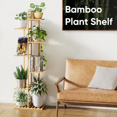Miniatura 6 de ROSSNY Soporte para plantas de interior de 55 pulgadas de alto, 7 niveles y 8 macetas de bambú para plantas de interior, soporte de esquina