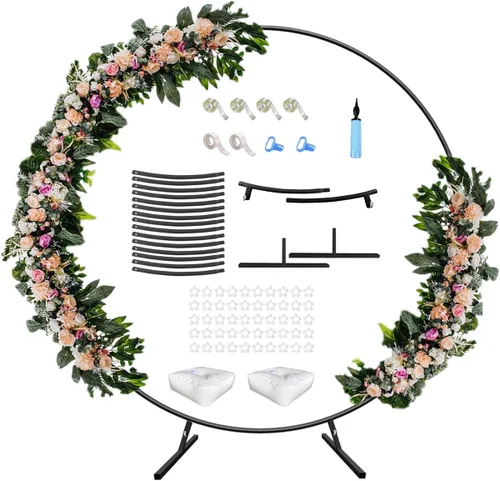 Miniatura 8 de Soporte redondo de arco de boda de 7 pies con base de metal para decoración de globos de flores, marco de fondo circular para ceremonia, fiesta