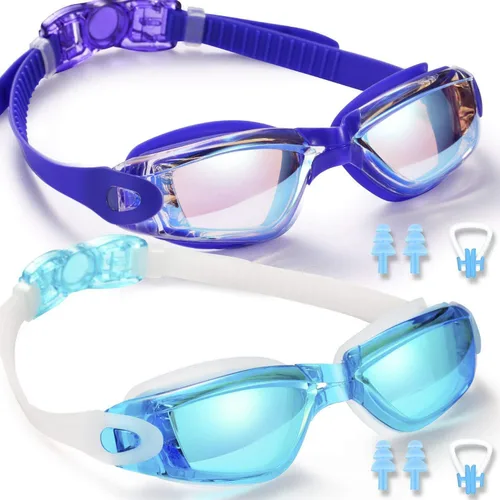 Miniatura 11 de Gafas de natación, paquete de 2 gafas de natación para adultos, hombres, mujeres, jóvenes, niños Morado/Gris (espejo).