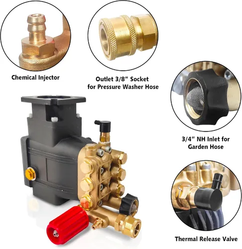 Miniatura 8 de Bomba de lavado a presión de 3400 PSI, 3.0 GPM, bomba de repuesto de eje de 3/4" 2500-3400 psi Restore Cleaning Power • Fits 5–8HP Engines • Brass