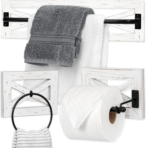 Miniatura 8 de Ilyapa Juego de soporte de papel higiénico rústico con toallero para baño, estantes de pared - Barra de madera de granero y metal negro, decoración