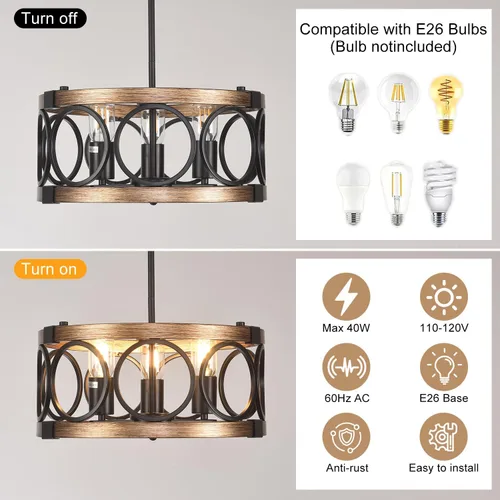 Miniatura 3 de Lámpara de techo para montaje semiempotrado de 3 luces, lámpara de comedor negra de 15.7 pulgadas, lámpara colgante de tambor rústico con acabado