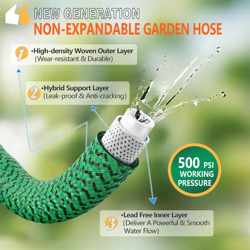 Miniatura 2 de Manguera de jardín no expandible de 25 pies, manguera de agua flexible con tela de alta densidad e interfaz de metal a prueba de fugas, resistente a