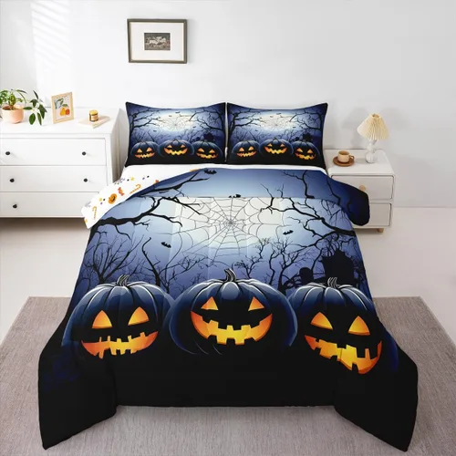 Juego de ropa de cama con diseño de araña fantasma, tamaño individual, para niños y niñas, con temática de truco o trato, juego de edredón de feliz