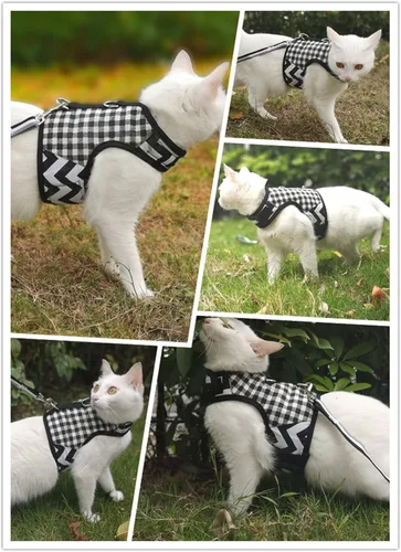 Miniatura 6 de Arnés de gato con correa, ajustable para gatos, chaleco acolchado para gatos, Black Plaid