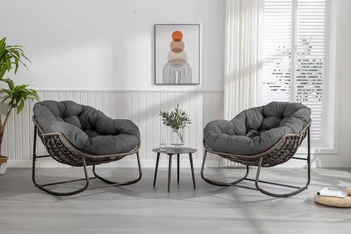 Miniatura 11 de Antetek Silla mecedora para patio al aire libre, cómoda silla de mimbre con cojín acolchado, mecedora de gran tamaño para interiores y exteriores