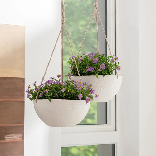 Miniatura 4 de LA JOLIE MUSE Macetas colgantes de 10 pulgadas para plantas de interior, macetas de jardín al aire libre, color blanco, panal de abeja, juego de 2