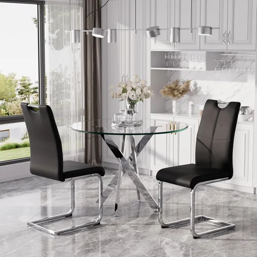 Miniatura 27 de Juego de mesa de comedor redonda moderna de vidrio de 36 pulgadas para 2, mesa de comedor de vidrio con patas cruzadas de metal, mesa de cocina