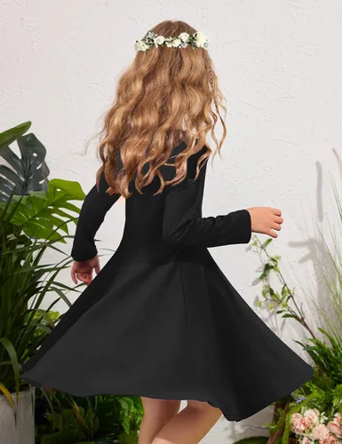 Miniatura 3 de Arshiner Vestido elástico de manga larga para niñas con línea A, vestido elástico casual