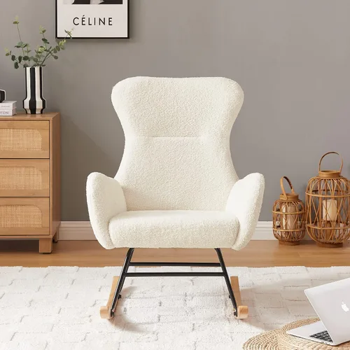 Miniatura 2 de Olela Mecedora de tela de peluche, asiento acolchado con respaldo alto y reposabrazos, silla decorativa de lana de cordero, sofá individual